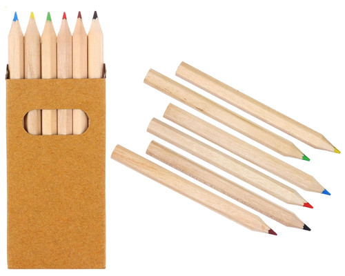 Brown kraft-style sleeve containing six natural wood mini colored pencils with visible blue, yellow, green, red, brown, and black tips. Front packaging includes an oval viewing window and a plain, unprinted layout.

