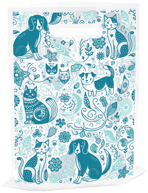 Veterinary tote bag with teal dog and cat illustrations, floral and leaf patterns, and decorative pet-themed design on clear plastic. TOTE91