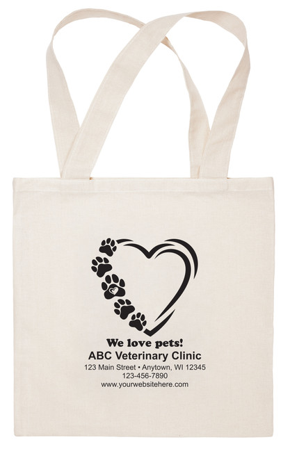 Fabric Tote bag with central heart and pawprints and "We Love Pets".
