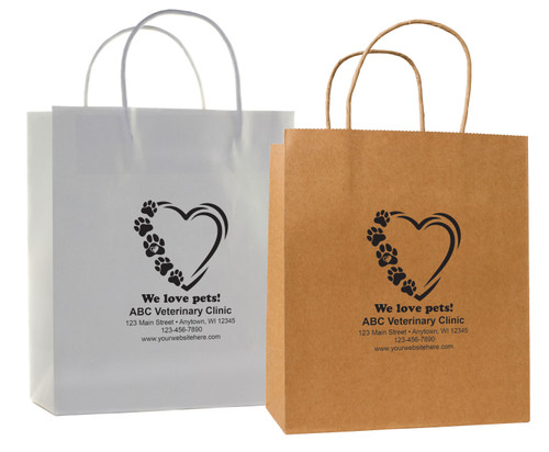 White or kraft paper bags with heart and paw print design and “We love pets!” text with clinic detail area.