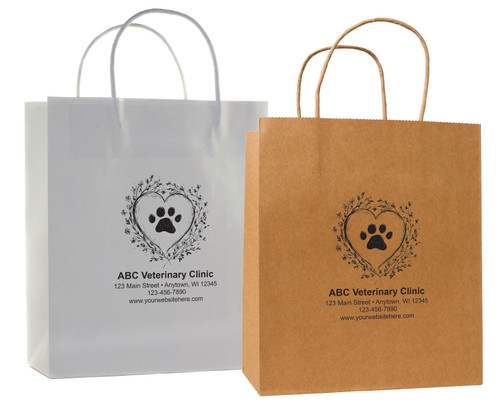 Handled paper bag featuring heart-shaped floral design with paw print and customizable clinic information area