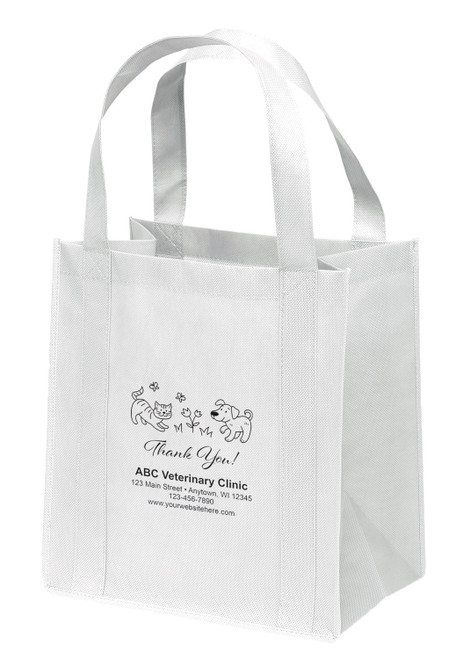 Non-woven tote bag with dog and cat illustration and Thank You design