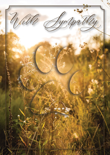 Soft golden field with wildflowers backlit by warm sunlight, featuring a subtle paw print overlay and the words “With Sympathy” in elegant script.