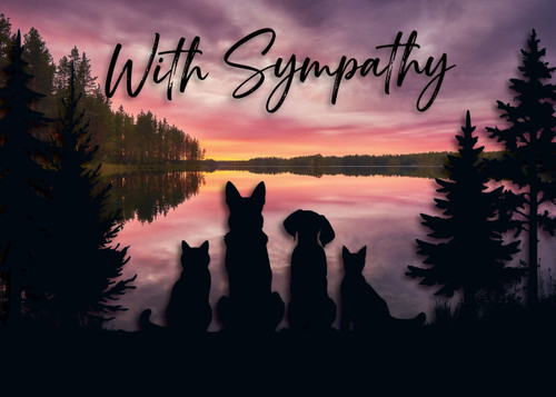 Silhouettes of dogs and cats sitting by a calm lake at sunset with pine trees and pink sky, featuring the words “With Sympathy”