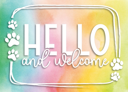 Colorful background with soft blended pastel tones and white paw prints, featuring the phrase “HELLO and welcome” in large bold and script lettering.