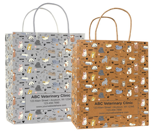 Kraft and white handled veterinary prescription bags showing a repeating pattern of illustrated dogs and cats with paw prints, bones.