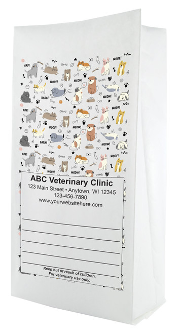 White flat bottom veterinary prescription bag with a repeating pattern of cartoon dogs, cats, paw prints, and “WOOF!” “MEOW!” text.