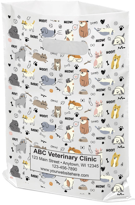 White plastic tote bag with cartoon dogs and cats, paw prints, and pet icons in a repeating pattern.