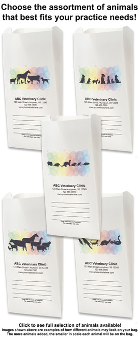 Assorted animal silhouette veterinary prescription bags with watercolor background and write-on panel for organized clinic checkout and medication pickup.