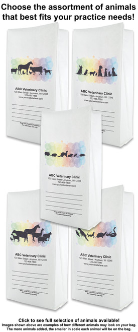 White small flat bottom veterinary prescription bags showing multiple animal silhouette assortments over a pastel watercolor circle background with write-on panels.