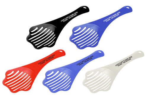 Promotional cat litter scoops with handle imprint in black, blue, red, translucent blue, and translucent frost colors.