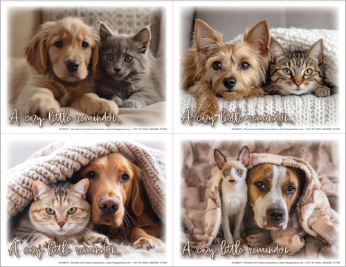  A collage of Cozy veterinary reminder cards featuring a puppy and kitten snuggled together with soft neutral tones and “A cozy little reminder” text in a 4-up layout