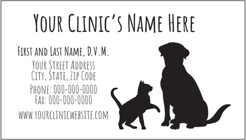 Veterinary business card featuring black dog and cat silhouettes on a light gray background with clinic contact information.

