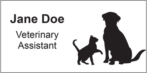 Personalized name tag featuring a large dog silhouette and smaller cat silhouette on the right side, light gray background, and bold black custom name and title text on the left.


