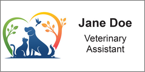 Personalized name tag featuring blue dog and cat silhouettes inside a heart-shaped design with green and orange branches, a bird silhouette, and black name and title text.

