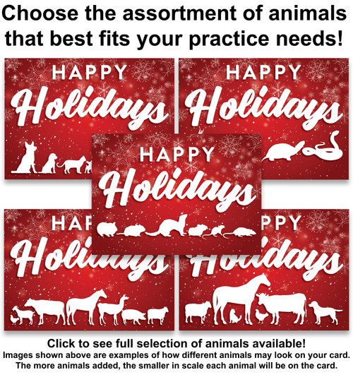 Happy Holidays veterinary greeting card featuring a vibrant red background with white snowflakes and sparkling winter accents. Large white “HAPPY Holidays” lettering appears above assorted animal silhouettes including dogs, cats, horses, livestock, rabbits, rodents, reptiles, and exotic animals.