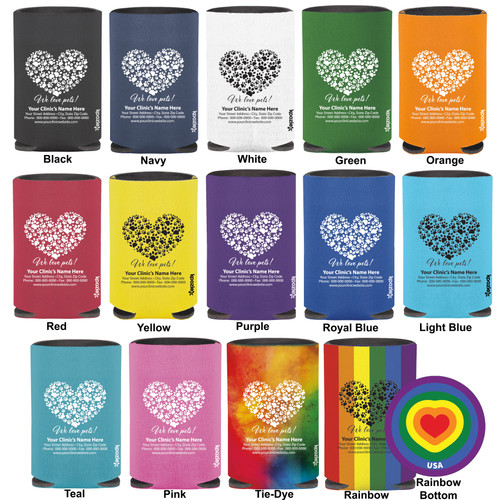 Personalized regular can cooler featuring a large heart made from multiple paw prints above the phrase "We love pets!" with custom clinic name, address, phone number, fax number, and website information.