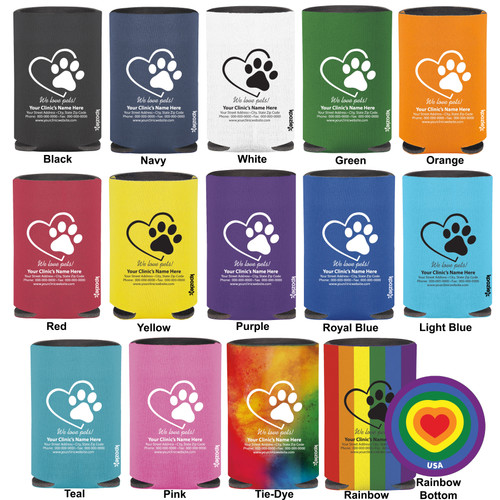 Personalized regular can cooler featuring a heart outline with an integrated paw print above the phrase "We love pets!" and custom clinic contact information.