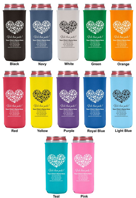 Heart-shaped paw print graphic above the phrase "We love pets!" with personalized veterinary clinic name, address, phone number, fax number, and website on a tall slim can cooler.


