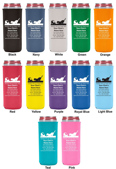 Tall slim can cooler displaying a dog and cat silhouette above the phrase "Healthy pets are happy pets!" with personalized clinic name, address, phone number, fax number, and website information.

