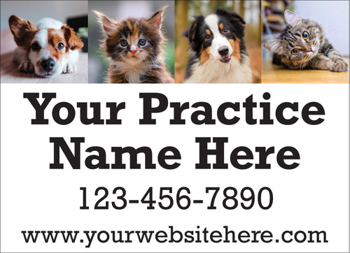 Four pet portrait photographs across the top border include two dogs and two cats above bold personalized practice name text, phone number, and website information on a light background.