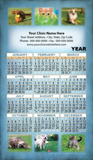 Pet-themed personalized magnetic calendar with six animal photographs on a blue textured background, yearly calendar grid, and custom business information area above the calendar.

