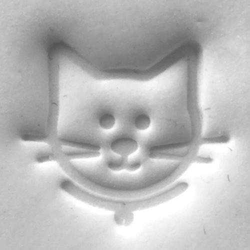 Close-up clay impression of a detailed kitty face created with the Kitty Impression Stamp accessory used for pet memorial and keepsake projects.

