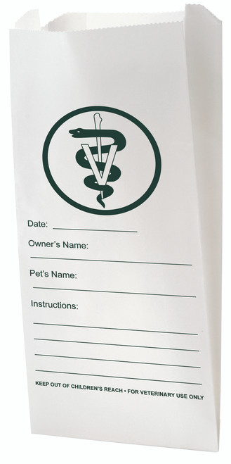 BAG1. Veterinary prescription bag featuring a dark green medical symbol with form fields for Date, Owner’s Name, Pet’s Name, and Instructions on a white background