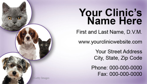 Veterinary business card featuring four pet portraits in purple circular frames on a lavender background with clinic contact information.

