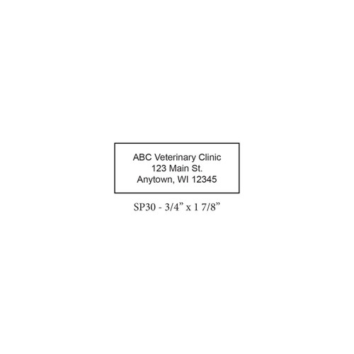 SP30 personalized self-inking stamp with a bordered rectangular imprint area measuring 3/4" x 1 7/8" and a multi-line text layout for custom information.

