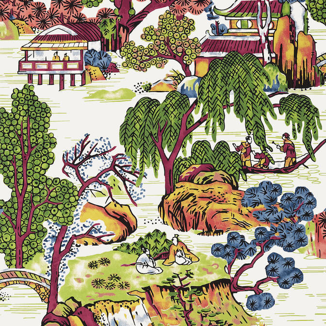 Asian Scenic Coral and Green T75464 by Thibaut Wallpaper - Fabric
