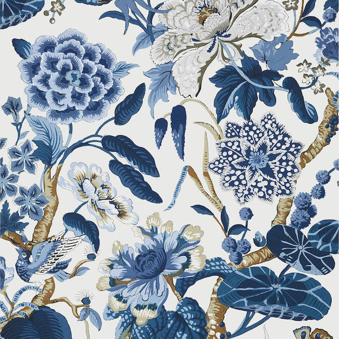 Hill Garden Blue and White T13659 by Thibaut Wallpaper - Fabric