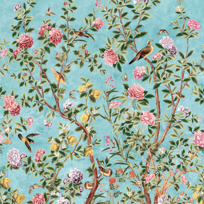 Jardin Bloom Mural 3 Panel Set Turquoise TM13668 by Thibaut