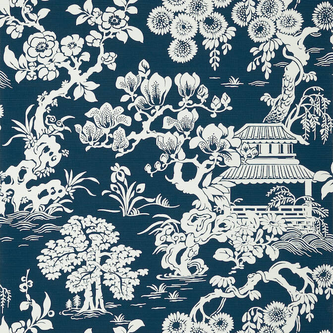 Japanese Garden Navy T13307 by Thibaut Wallpaper - Fabric Carolina