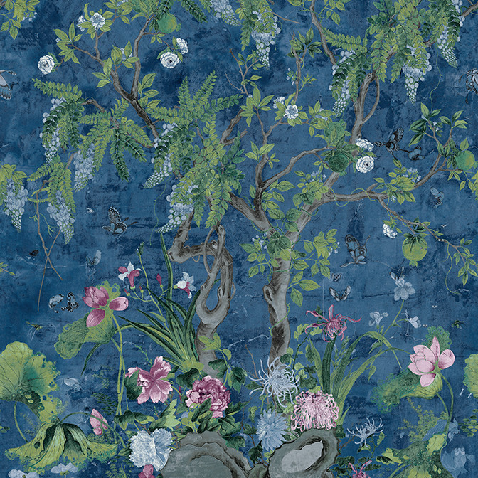 Wild Wisteria Mural 3 Panel Set Navy TM42055 by Thibaut Wallpaper - Fabric  Carolina