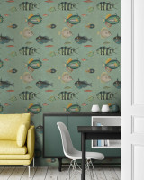 POISSONS Green Wallpaper (WP20181) by Mind The Gap | WP20181 | PREMIUM DESIGNER WALLPAPER COLLECTION | 3 rolls x 20.5 x 118.1 in | 0.52m / 20.5in | 3m / 118in | 4.65mp | 60cm / 23.6in | Blue, Green, Red | Non-woven | Paste the wall | 3-rolls in a box | Fabric Carolina | https://www.fabriccarolina.com/