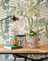 GREEN SANCTUARY Wallpaper (WP20319) by Mind The Gap | WP20319 | THE WALLPAPER COLLECTABLES | 3 rolls x 20.5 x 118.1 in | 0.52m / 20.5in | 3m / 118in | 4.65mp | 100cm / 39.3in | Green, Mint, Taupe | Textured Matte | Paste the wall | 3-rolls in a box | Fabric Carolina | https://www.fabriccarolina.com/