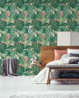 TROPICAL FOLIAGE Wallpaper (WP20367) by Mind The Gap | WP20367 | THE WALLPAPER COLLECTABLES | 3 rolls x 20.5 x 118.1 in | 0.52m / 20.5in | 3m / 118in | 4.65mp | 67cm / 26.3in | Green, Pink | Satin Matte | Paste the wall | 3-rolls in a box | Fabric Carolina | https://www.fabriccarolina.com/