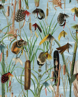 FISHING FLIES Aquamarine Wallpaper (WP20721) by Mind The Gap | WP20721 | THE WETLANDS | 1 roll x 20.47 x 354.33 in | 0.52m / 20.5in | 9m / 354in | 4.68mp | 52cm / 20.5in | Black, Blue, Brown, Cream, Green, Ochre, Red | Non-woven | Paste the wall | 1-roll in a box | Fabric Carolina | https://www.fabriccarolina.com/