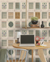 ARABESQUE Premium Wallpaper (WP20076) by Mind The Gap | WP20076 | WALLPAPER DESIGNER COLLECTION | 3 rolls x 20.5 x 118.1 in | 0.52m / 20.5in | 3m / 118in | 4.65mp | 72cm / 28.4in | Mint Green, Orange, Taupe | Non-woven | Paste the wall | 3-rolls in a box | Fabric Carolina | https://www.fabriccarolina.com/