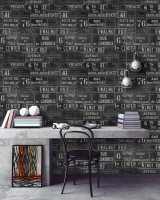 VINTAGE SIGNS Anthracite Premium Wallpaper (WP20037) by Mind The Gap | WP20037 | WALLPAPER DESIGNER COLLECTION | 3 rolls x 20.5 x 118.1 in | 0.52m / 20.5in | 3m / 118in | 4.65mp | 52cm / 20.5in | Anthracite, Black, White | Non-woven | Paste the wall | 3-rolls in a box | Fabric Carolina | https://www.fabriccarolina.com/