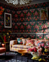 SUSIE Q Anthracite Wallpaper (WP20628) by Mind The Gap | WP20628 | WOODSTOCK '69 LIFESTYLE COLLECTION | 3 rolls x 20.5 x 118.1 in | 0.52m / 20.5in | 3m / 118in | 4.65mp | 80cm / 31.4in | Black, Green, Pink, Red | Satin Matte | Paste the wall | 3-rolls in a box | Fabric Carolina | https://www.fabriccarolina.com/