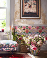 SUSIE Q Wallpaper (WP20627) by Mind The Gap | WP20627 | WOODSTOCK '69 LIFESTYLE COLLECTION | 3 rolls x 20.5 x 118.1 in | 0.52m / 20.5in | 3m / 118in | 4.65mp | 80cm / 31.4in | Green, Pink, Red, Taupe | Satin Matte | Paste the wall | 3-rolls in a box | Fabric Carolina | https://www.fabriccarolina.com/