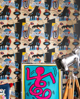 SO WHAT Wallpaper (WP20879) by Mind The Gap | WP20879 | JAZZ LIVE | 1 roll x 52 x 900 cm / 20.47 x 354.33in | 0.52m / 20.5in | 900 cm / 393.7in | 4.68sqm / 50sq ft | 52cm / 20.5in | Taupe, Black, Blue, Yellow, Orange, Red | Non-woven Satin | Paste the wall | 1 roll in a box | Fabric Carolina | https://www.fabriccarolina.com/