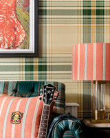 MONTEREY Sapphire Wallpaper (WP30089) by Mind The Gap | WP30089 | WOODSTOCK '69 | 1 roll x 52x1000 cm / 20.5x393.7 in | 0.52m / 20.5in | 10m / 393.7in | 5.20sqm / 55.9sq ft | 50cm / 19.6in | Red, Saphire Blue | Non-woven Satin | Paste the wall | 1-roll in a box | Fabric Carolina | https://www.fabriccarolina.com/