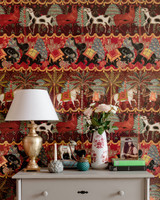 CARNAVAL Wallpaper (WP20610) by Mind The Gap | WP20610 | WOODSTOCK '69 | 3 rolls x 52x300 cm / 20.5x118.1 in | 0.52m / 20.5in | 3m / 118in | 4.65sqm / 50sq ft | 100cm / 39.3in | Green, Yellow, Red, Burgundy | Non-woven Satin | Paste the wall | 3-rolls in a box | Fabric Carolina | https://www.fabriccarolina.com/