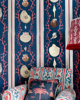 COQUILLAGE Samba Red Wallpaper (WP20573) by Mind The Gap | WP20573 | SUNDANCE VILLA | 3 rolls x 52x300 cm / 20.5x118.1 in | 0.52m / 20.5in | 3m / 118in | 4.65sqm / 50sq ft | 100cm / 39.3in | Blue, White, Red | Non-woven Textured | Paste the wall | 3-rolls in a box | Fabric Carolina | https://www.fabriccarolina.com/