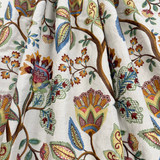 Yearwood Multi by Magnolia Designer Fabric Required Minimum Quantity Purchase: 2 yards Content: 60% LINEN, 40% COTTON Origin: INDIA Performance: Repeat: Horizontal: 16.75 and Vertical: 15 Width: 50.5 EMB Uses: Bedding, Drapery, Upholstery