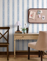 Estee Stripe Blue & White Wallpaper by Rifle Paper Co. Rifle Paper Co. Covers about 60.8 square feet 27-in by 27-ft long roll Unpasted 12.63 - Fabric Carolina -