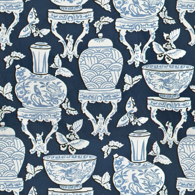 Asia 1 Ink by Stout Fabric Rainbow Library Porcelain/Royal 100% Cotton USA FLAME RETARDANT-U.F.A.C. CLASS 1 (OR A) CATB 117-2013 WYZENBEEK 15 000 DOUBLE RUB WEAR TEST (HEAVY DUTY) Horizontal: 13.5 and Vertical: 25.25 54 in - Fabric Carolina -